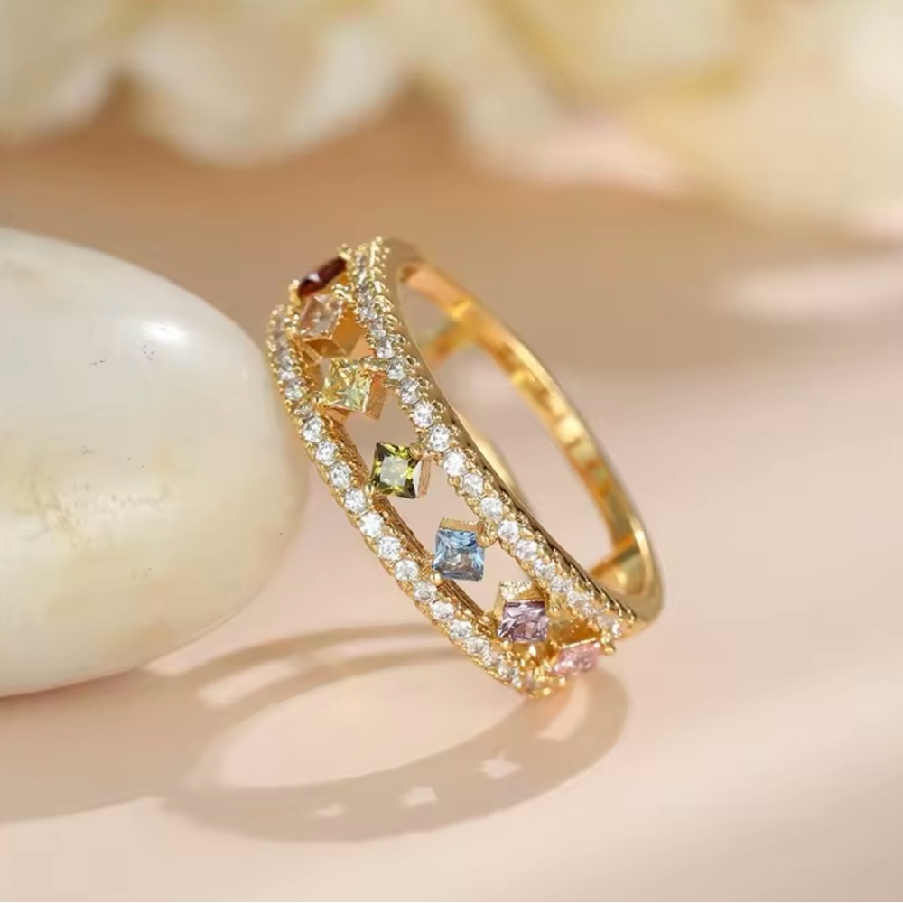 Elegant Gold Multi-Color Gemstone Ring Size 7, &
